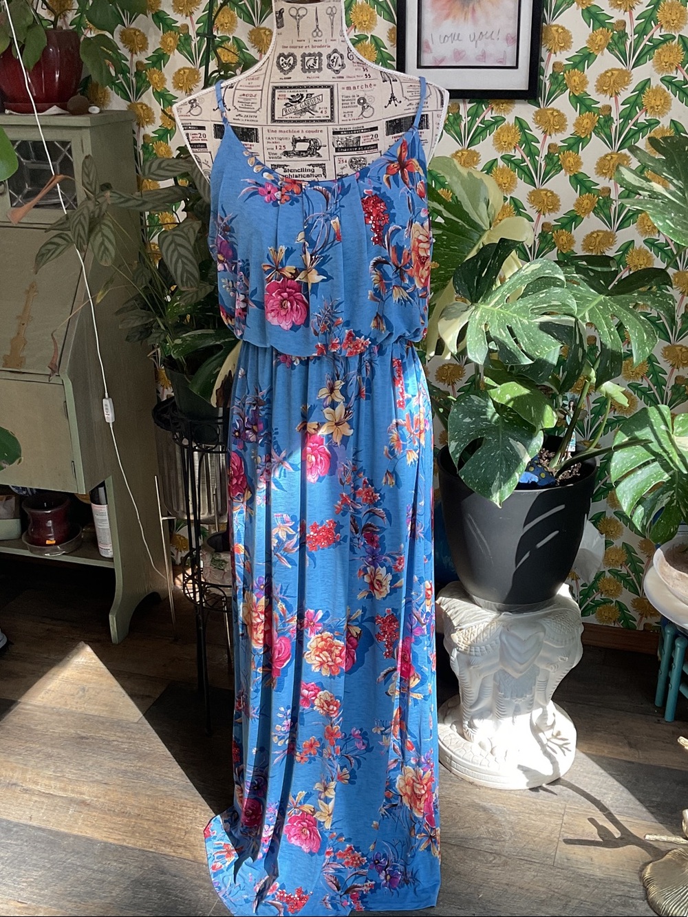 Blue Floral Maxi Dress with Ruffled Bodice